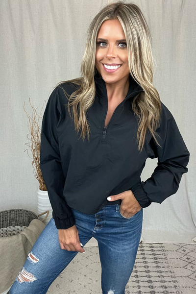 BLACK CROPPED QUARTER ZIP PULLOVER