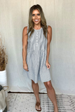 NAVY & WHITE PINTUCKED SLEEVELESS DRESS