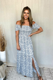 WHITE & BLUE SMOCKED FLORAL PRINT MAXI DRESS