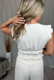 OATMEAL WIDE LEG PANT WITH RUFFLE SLEEVE CROP TOP SET