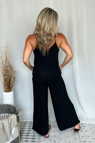 BLACK RIBBED KNIT TANK JUMPSUIT