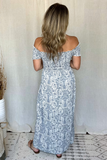 WHITE & BLUE SMOCKED FLORAL PRINT MAXI DRESS