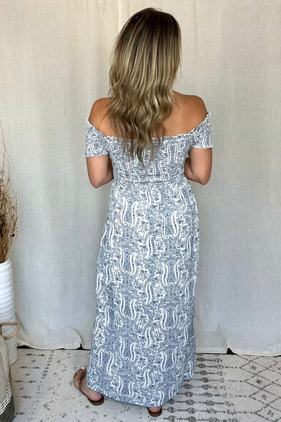 WHITE & BLUE SMOCKED FLORAL PRINT MAXI DRESS
