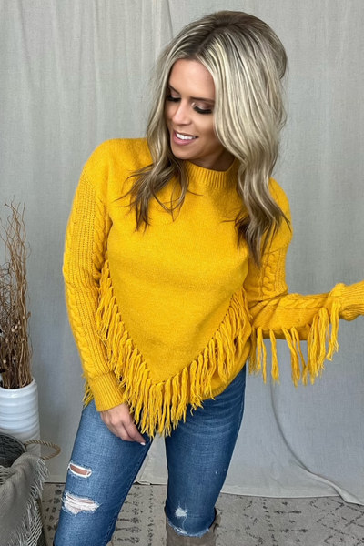 MUSTARD FRINGE KNIT SWEATER