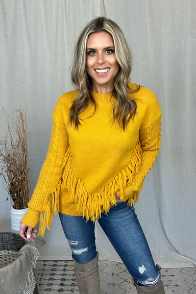 MUSTARD FRINGE KNIT SWEATER