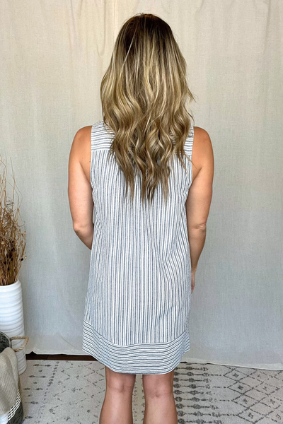 NAVY & WHITE PINTUCKED SLEEVELESS DRESS
