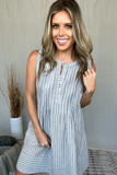 NAVY & WHITE PINTUCKED SLEEVELESS DRESS
