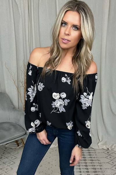 BLACK FLORAL OTS TOP