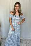WHITE & BLUE SMOCKED FLORAL PRINT MAXI DRESS