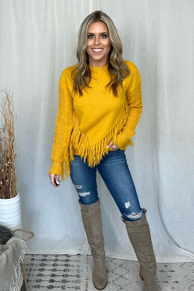 MUSTARD FRINGE KNIT SWEATER