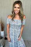 WHITE & BLUE SMOCKED FLORAL PRINT MAXI DRESS