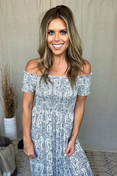 WHITE & BLUE SMOCKED FLORAL PRINT MAXI DRESS