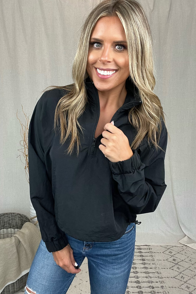 BLACK CROPPED QUARTER ZIP PULLOVER