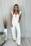 OATMEAL WIDE LEG PANT WITH RUFFLE SLEEVE CROP TOP SET