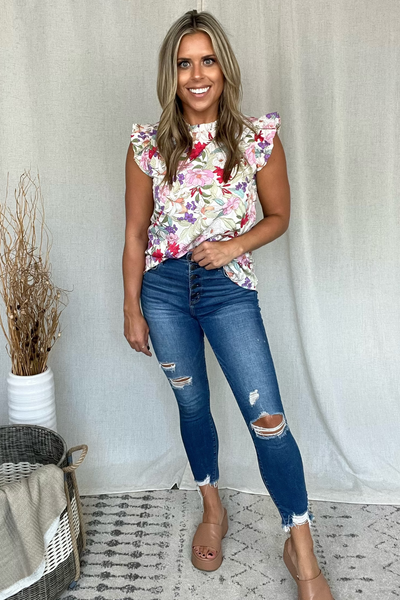 FLORAL PRINT TOP WITH RUFFLE SLEEVES