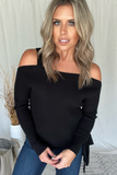BLACK RIBBED COLD SHOULDER SWEATER