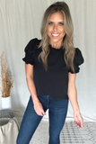 BLACK MOCK NECK TOP WITH SMOCKED SLEEVES