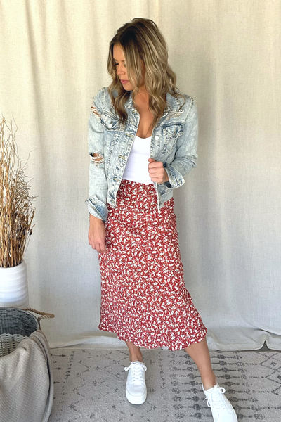 BRICK RED FLORAL MIDI SKIRT