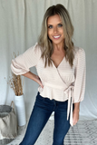 CHAMPAGNE TIE PEPLUM BLOUSE