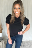 BLACK MOCK NECK TOP WITH SMOCKED SLEEVES
