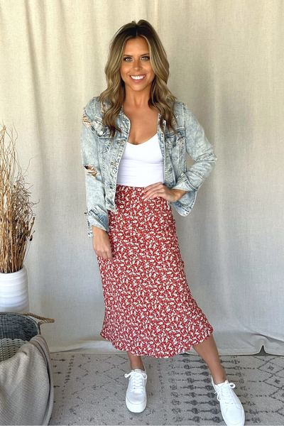 BRICK RED FLORAL MIDI SKIRT
