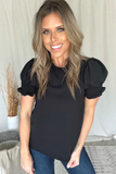 BLACK MOCK NECK TOP WITH SMOCKED SLEEVES