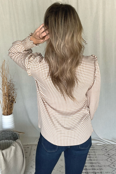 MOCHA GINGHAM TOP WITH RUFFLE SHOULDER