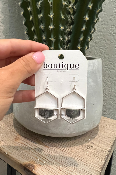 SILVER HEXAGONAL STONE DROP EARRINGS