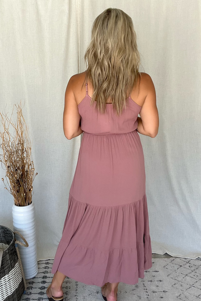 MAUVE TIERED MAXI DRESS WITH TIE BELT