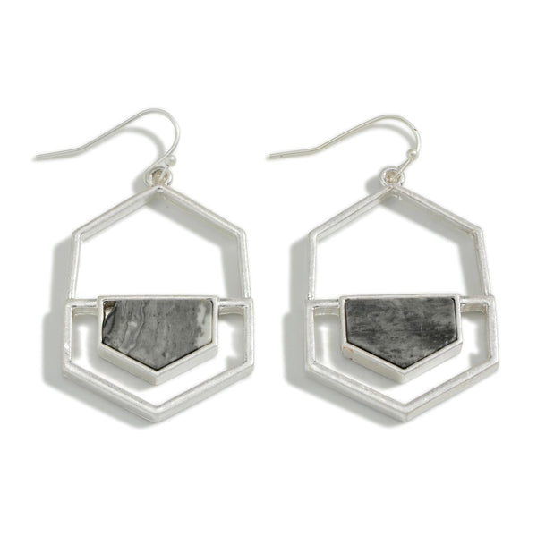 SILVER HEXAGONAL STONE DROP EARRINGS