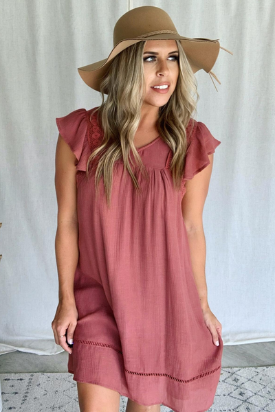 FLUTTER SLEEVE DRESS WITH CROCHET DETAIL