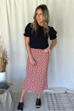 BRICK RED FLORAL MIDI SKIRT