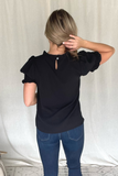 BLACK MOCK NECK TOP WITH SMOCKED SLEEVES