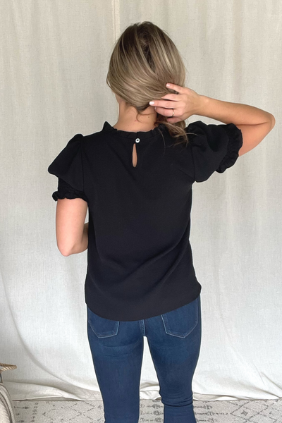 BLACK MOCK NECK TOP WITH SMOCKED SLEEVES