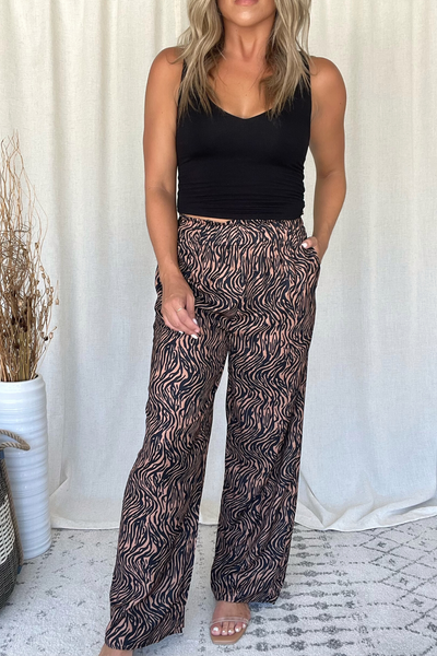 CAMEL ZEBRA PRINT PALAZZO PANTS