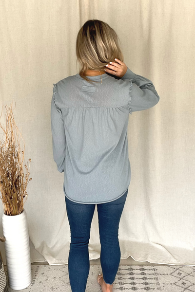 STEEL BLUE RUFFLE SHOULDER TOP