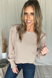 MOCHA GINGHAM TOP WITH RUFFLE SHOULDER
