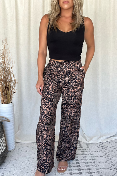 CAMEL ZEBRA PRINT PALAZZO PANTS