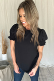 BLACK MOCK NECK TOP WITH SMOCKED SLEEVES