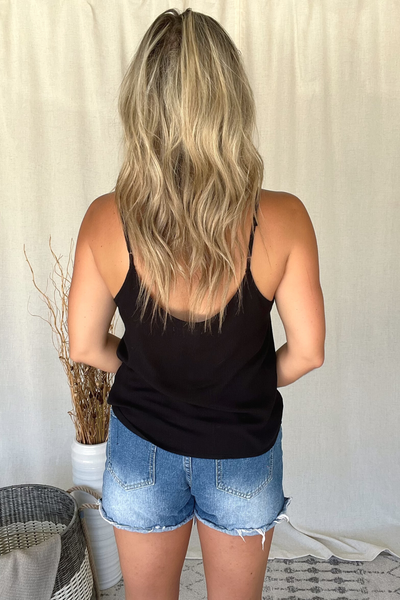 BLACK V NECK LACE TRIM BUTTON TANK