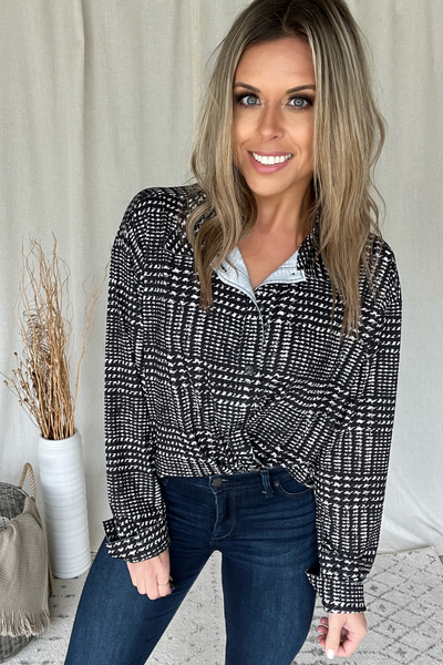 BLACK & WHITE GLEN PLAID PATTERN BLOUSE