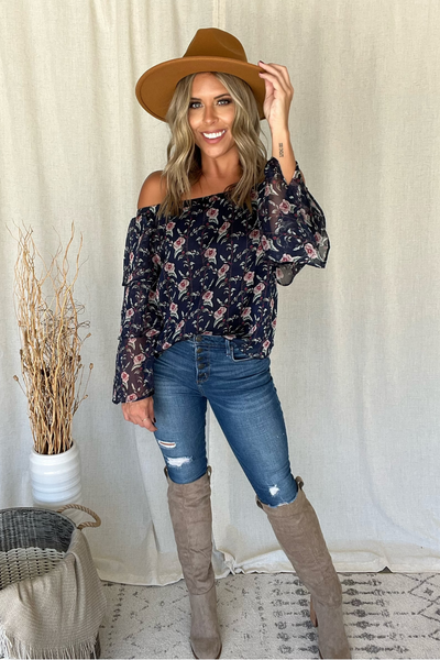 NAVY FLORAL OTS BLOUSE