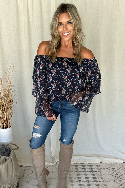 NAVY FLORAL OTS BLOUSE