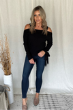 BLACK RIBBED COLD SHOULDER SWEATER
