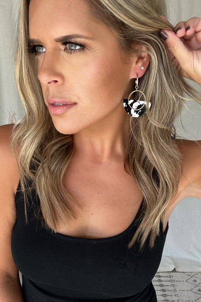 GOLD HOOP DROP EARRING WITH B&W FAN CHARM