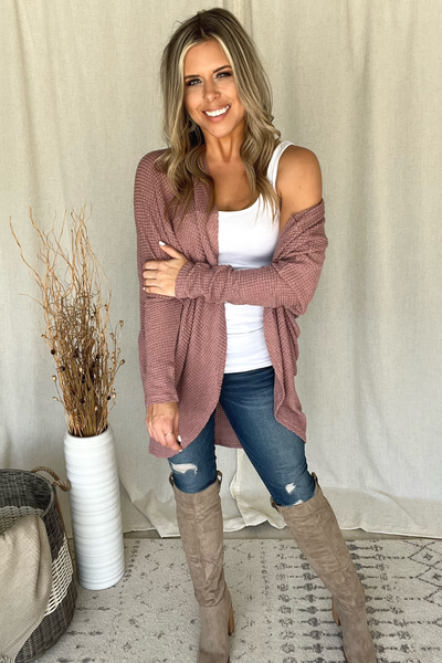 MAUVE WAFFLE KNIT COCOON CARDI