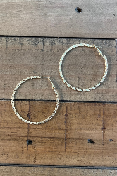 GOLD TEXTURED TWIST HOOP EARRING 2"