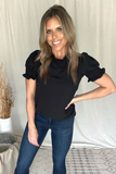 BLACK MOCK NECK TOP WITH SMOCKED SLEEVES
