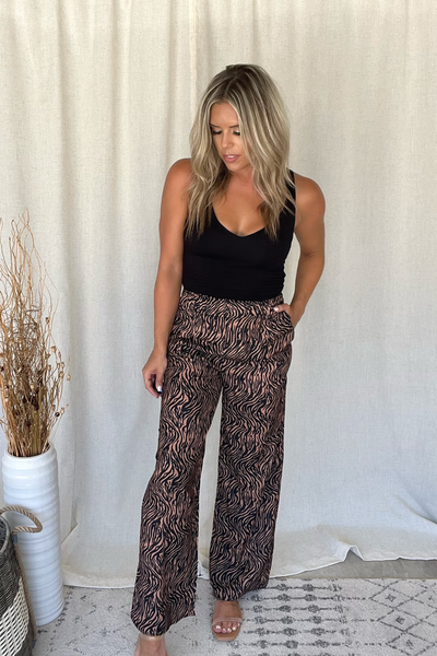 CAMEL ZEBRA PRINT PALAZZO PANTS