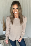 MOCHA GINGHAM TOP WITH RUFFLE SHOULDER